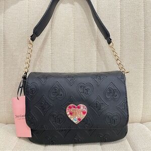 NEW Juicy Couture Black Clay Glitzed‎ Out Baguette Shoulder Bag Heart Diamond